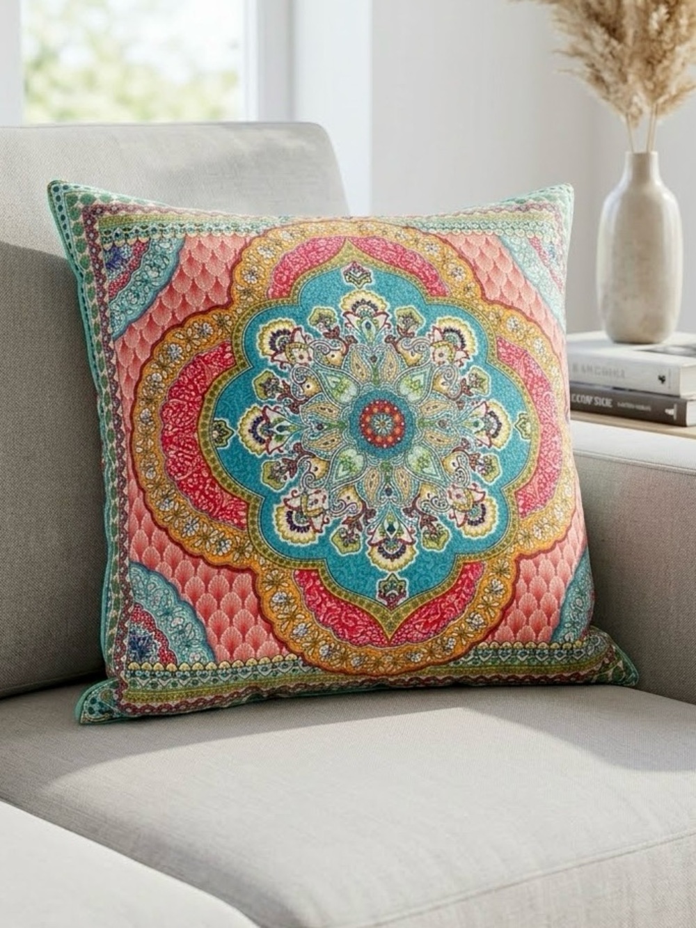 Lúcida Boho Medallion Throw Pillow 22x22 | Colorful Mandala Accent Pillow
